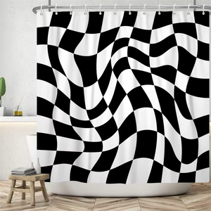 Damier imprimé abstrait rétro ondulé moderne géométrique Plaid esthétique imperméable Polyester rideaux de <span class=keywords><strong>douche</strong></span> pour décor de salle de bain - Product Image 2
