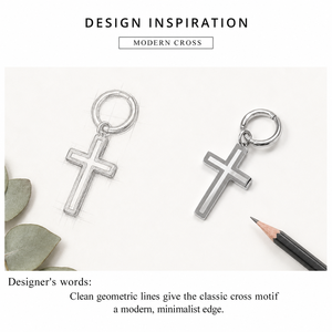 Boucles d'oreilles créoles en acier inoxydable argenté, avec breloques géométriques polies, motif croix de 22,1 × 13,2 mm - Product Image 4