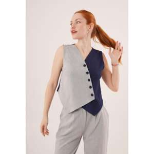 Wholesale <b>Navy</b> Blue Women's Vest Cross Pattern Button Embroidered Outer Style Long Length <b>Waistcoat</b> Woven Fabric Knitted Cotton - Product Image 6