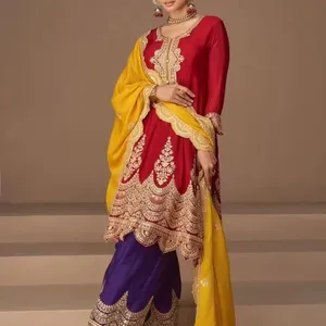 New Designer Heavy French <b>Crepe</b> Pakistani Suit Washable Party Wear with Yarn Dyed Techniques and Beautiful Handmade Embroidery - Product Image 1