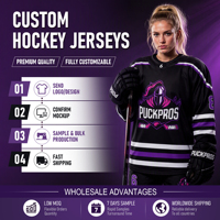 Maillot de hockey noir personnalisé, brodé, 100% polyester, respirant, séchage rapide, pour jeunes et adultes, vente en gros, logo personnalisé OEM