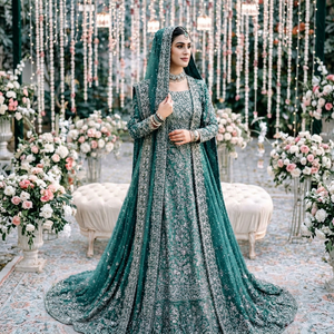 Modern Green Floral Embroidered Long Sleeve Floor-Length Bridal <b>Wedding</b> <b>Dress</b> with <b>Detachable</b> <b>Train</b> and A-Line Silhouette - Product Image 1