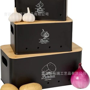 Cross-border bamboo lid black <b>storage</b> container for potatoes, breathable and fresh <b>kitchen</b> <b>storage</b> <b>boxes</b> for potatoes, onions, - Product Image 2