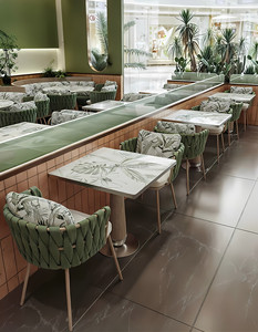 Banqueta de Pared Tapizada con Diseño Floral Tropical, Mesa con Base de Madera y Tapa de Piedra, Silla Verde Trenzada, Suministro al por Mayor para Bistro - Product Image 4