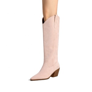 <span class=keywords><strong>Bottes</strong></span> d'équitation pour femmes en faux daim brodé style western, hauteur genou, bout pointu, talon bas, rehaussantes, printemps/été/hiver - Product Image 2