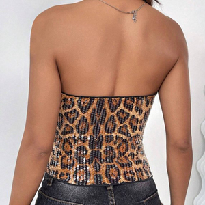 Wholesale High Quality Slim Leopard <strong>Sequins</strong> Woman Shiny tank <strong>Top</strong> Sexy Sleeveless Custom <strong>Bandeau</strong> <strong>Top</strong> for Woman - Product Image 2
