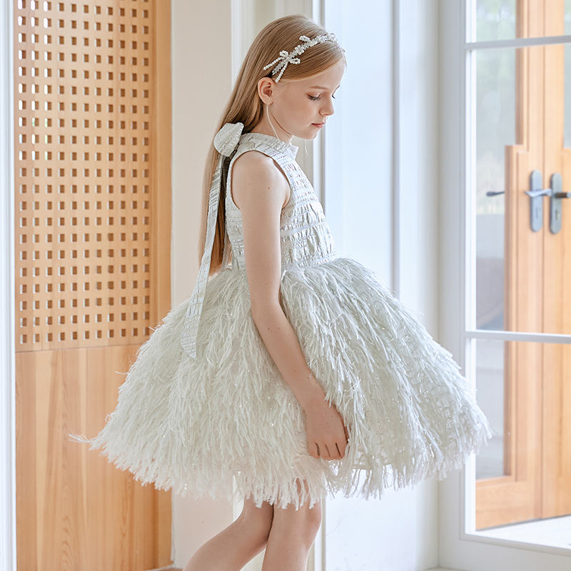 New School Girl Feather Tassel Wedding Dress Skirt School Children's Day  Chorus Performance Host Tutu Skirt Summer Baby GirlDres