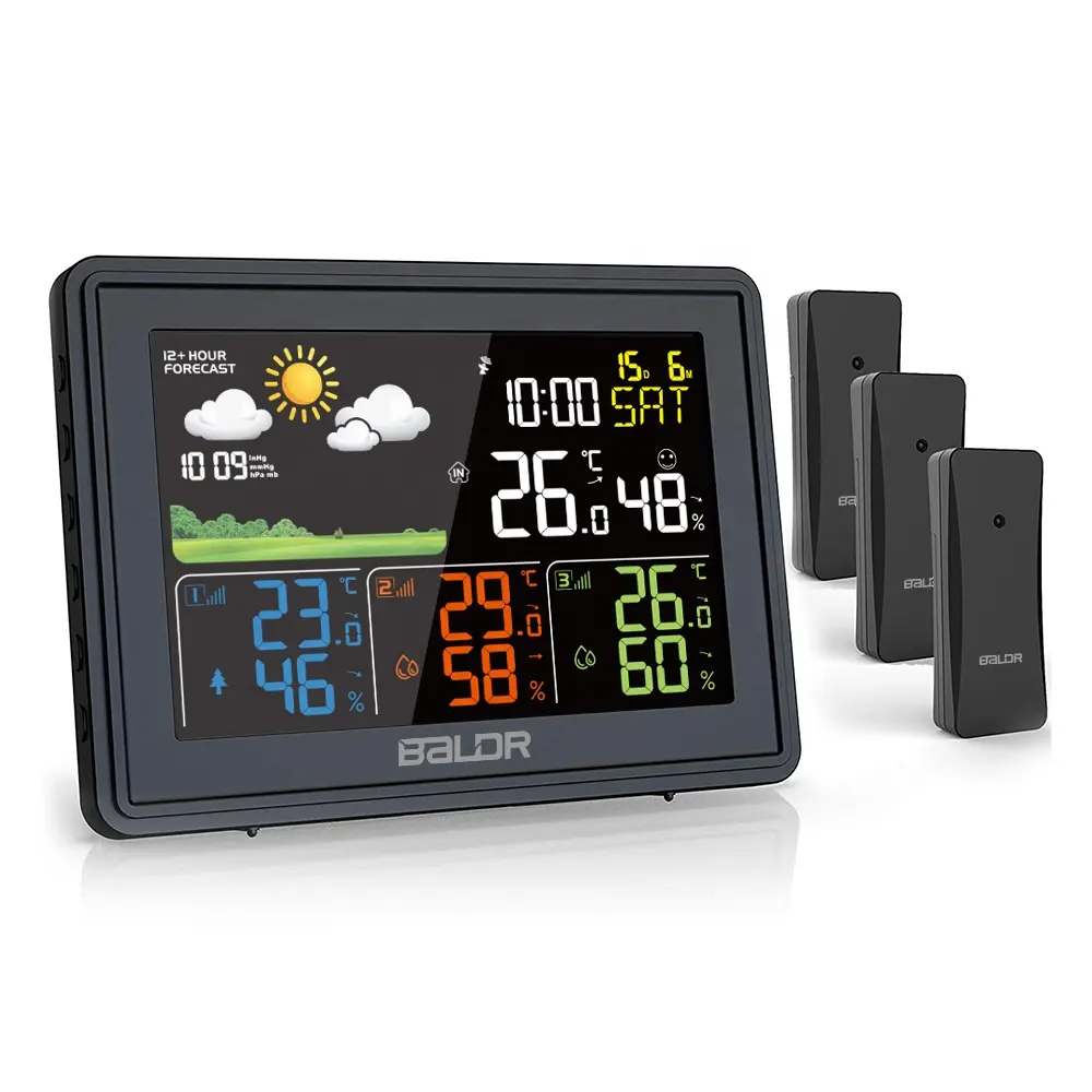 Outdoor Weather Station BALDR Radio Control Digital Color Display Weather Forecast Station Wireless Indoor Outdoor Thermometer Hygrometer Room Clock