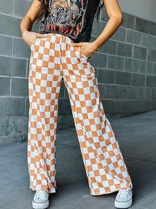 Trendy High Waisted Checkerboard Print Pants Soft Breathable Elastic Waist Wide Leg <strong>Trousers</strong> for Women - Product Image 6
