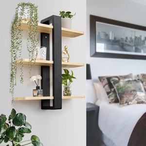 <b>Wall</b> <b>Mounted</b> Wooden <b>Shelf</b> 3 Tier Natural Wood Black Durable Storage Bookshelf For Home Office Decor - Product Image 3