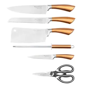 Coltello dorato con manico prodotto caldo coltello da cucina set da 8 pezzi con supporto in acrilico e forbici