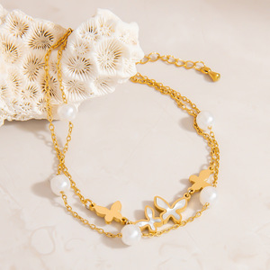Stainless Steel <b>Anklet</b> With Pearl Double Butterfly Pendant 18K <b>Gold</b> Plated Women's Foot Ornament - Product Image 1