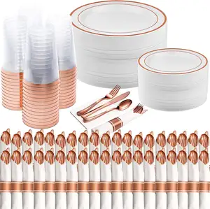 Hot Selling 170pcs Rose Gold Disposable Plastic Luxury dishes plates Dinnerware Set For Weddings Birthday Party Picnic