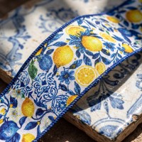 Pita Kawat Bermotif Bunga Lemon Vintage Biru Kuning untuk Pembungkus Kado Kerajinan DIY Dekorasi Rumah