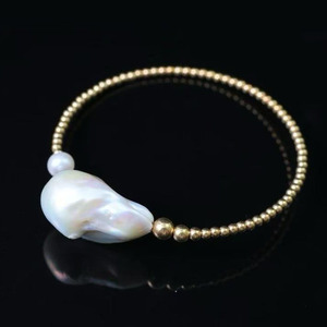 14K Gold Filled <b>Beaded</b> Open Cuff <b>Bracelet</b> Handcrafted High Luster Natural Baroque Freshwater Pearl Asymmetrical Bangle for Women - Product Image 1