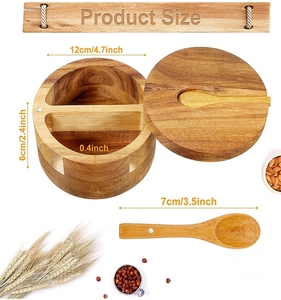 Cave à sel et à poivre en bois d'acacia avec cuillère, boîte à épices en bois avec couvercle pivotant - Product Image 2