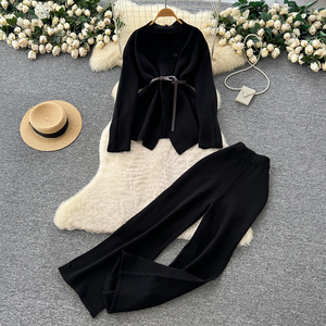 休闲2件套女式束腰绷带上衣高腰修身针织套装Ropa批发 - Product Image 2