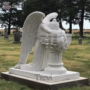 Life Size White Marble Monuments Grave Stone with Weeping Angel Statue for Memorial