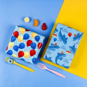 Custom Eco-Friendly Birthday Theme Gift Wrap <b>Paper</b> Roll Blue <b>Red</b> Balloons Party Hats Double Sided Coated Art <b>Paper</b> 100GSM - Product Image 2