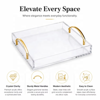 Plateau de service carré de luxe en acrylique transparent, compatible avec les aliments, avec poignées en métal doré, finition polie, qualité commerciale, décoratif moderne