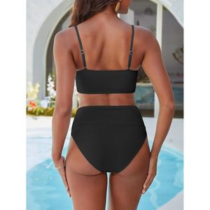 FOXA <b>Bikini</b> <b>Set</b> Women Summer High Waisted 2 Piece Ribbed U-Wire Cutout Swimwear Beach Vacation Stretch Spandex Nylon - Product Image 4