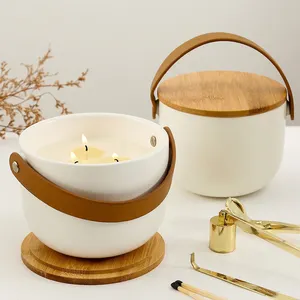 Custom Minimalist 3 Wick 24 Oz Candle Vessels White Extra Large Ceramic Candle Jars Containers With Wooden Lids