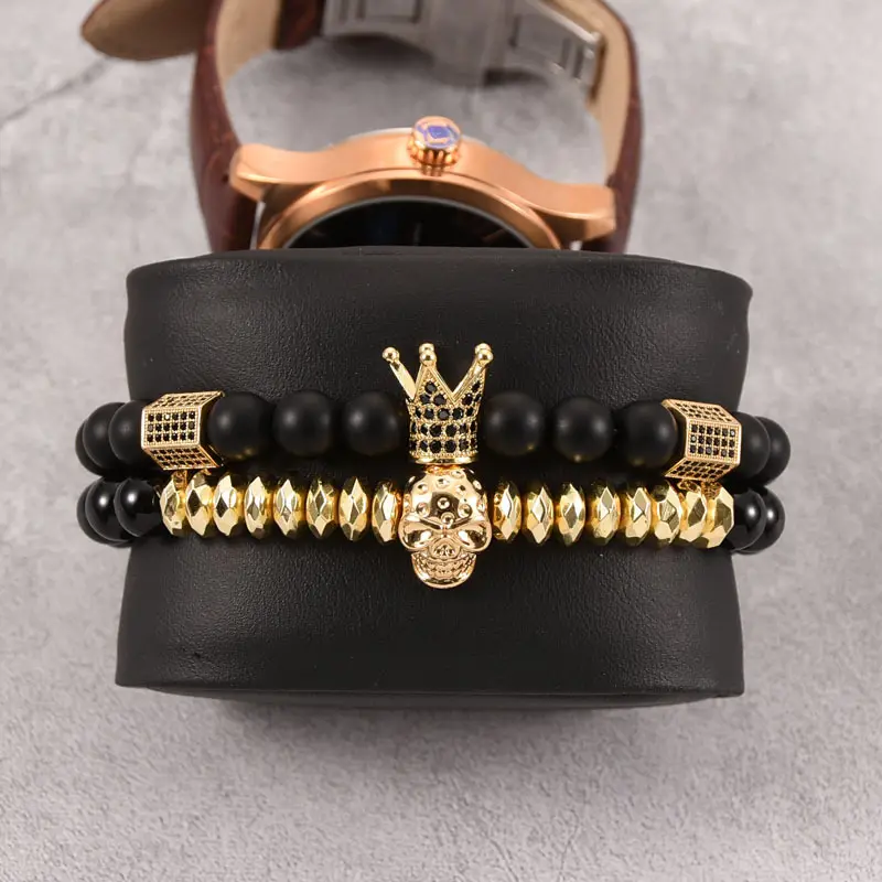 Luxus Herren Schmuck Armband CZ Micro Crown Lion Ball Charm Edelstahl Perlen Benutzer definierte elastische Armband Set Männer Frauen