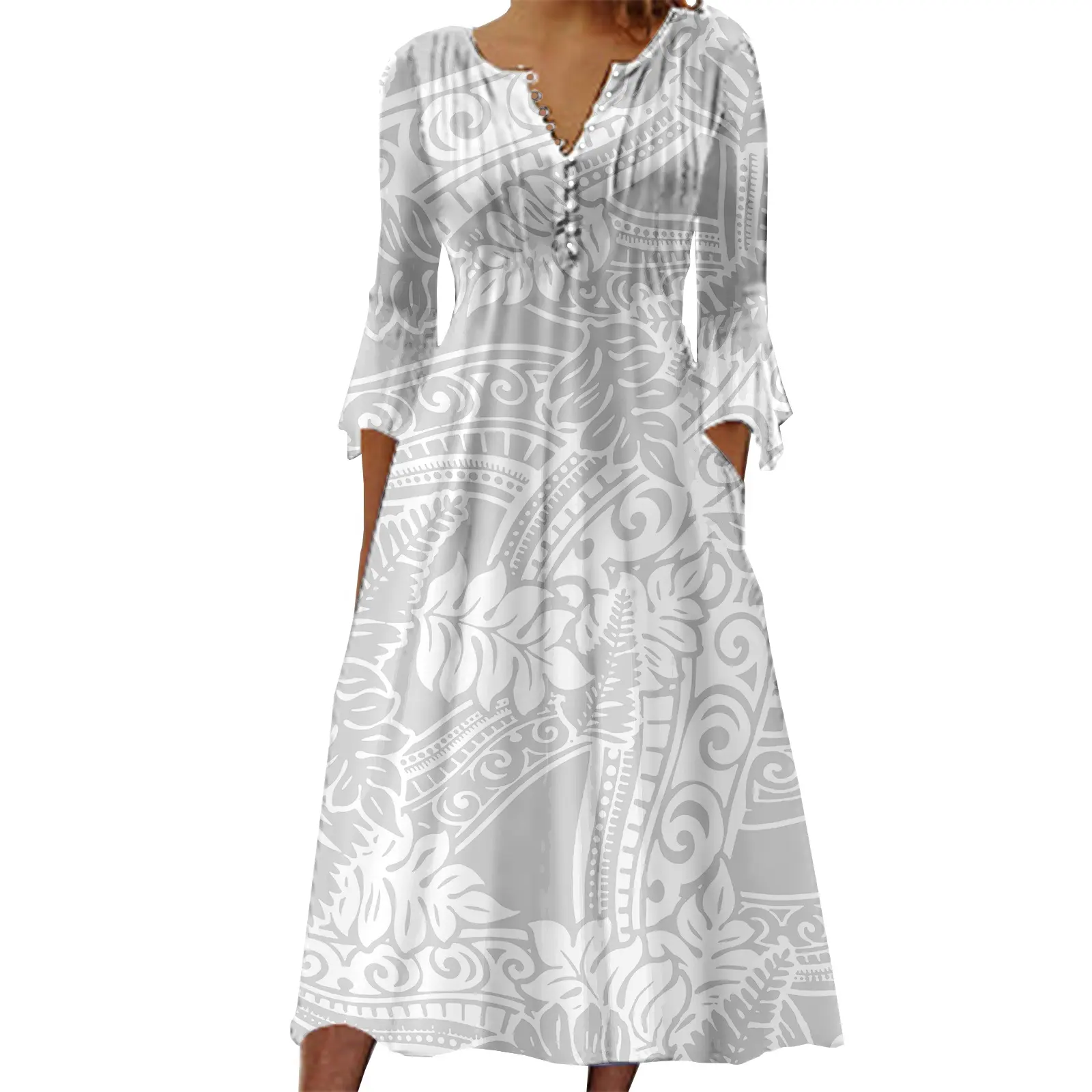 أحدث تصميم بأكمام بتلات بيضاء تصميم قبلي بولينيزي فستان طويل للسيدات مخصص حسب الطلب فستان ساموان استوائي غير رسمي