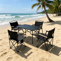 Table de camping pliable en tissu avec cadre en métal noir à bas prix et chaise avec accoudoirs pour pique-nique en plein air