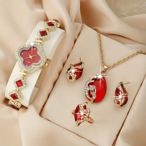 9862 4 piezas conjunto de joyería y reloj de mujer trébol barroco Rhinestone reloj de pulsera analógico Regalo para mamá ella - Product Image 2