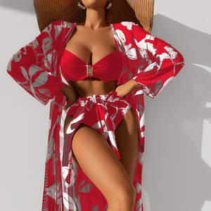 2024 Split tres piezas malla <span class=keywords><strong>Bikini</strong></span> estampado conjunto manga larga <span class=keywords><strong>Big</strong></span> <span class=keywords><strong>Boob</strong></span> traje de baño mujeres - Product Image 3