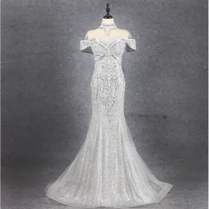 Wholesale Lady Dubai Style Luxurious Sparkly Beading Mermaid Evening Gown Rhinestone Elegant Women Grey Long Prom Party Dresses