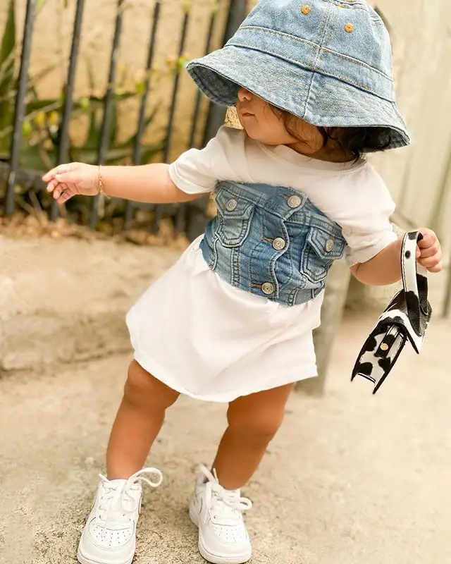 Ensemble vêtements d'été pour petites filles, tenue de fête, T-Shirt à manches courtes blanc et gilet en Denim, à la mode, 1 à 6 ans, 2 pièces