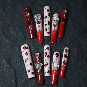Uñas acrílicas artesanales de alta gama al por mayor, uñas postizas cuadradas de cobertura completa, diseño de leopardo rojo con pedrería, personalizables - Product Image 2