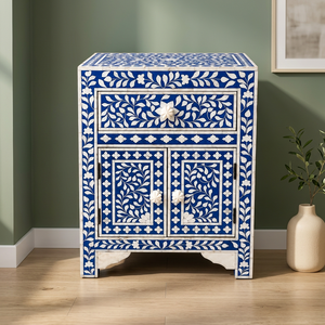 Mueble de Madera con Incrustaciones de Hueso Azul, Diseño Moderno, Hecho a Mano, Ecológico, Duradero, Mesa Auxiliar de Almacenamiento, Forma Rectangular, Cajón Decorativo - Product Image 1