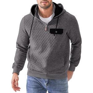 FOXA <b>Men's</b> Quilted Hoodie Quarter-Zip <b>Pullover</b> Sweatshirt With Pockets Fleece Long Sleeve Casual Wear - Product Image 1