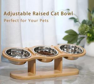Ahşap kedi kase tutucu servikal omurga kase ayarlanabilir bambu raf pet üç kase tutucu - Product Image 2