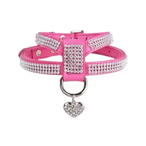 Wholesale Cute Diamante Walking Pet Harness Bling Genuine Leather Pink Cat Dog Body Harness