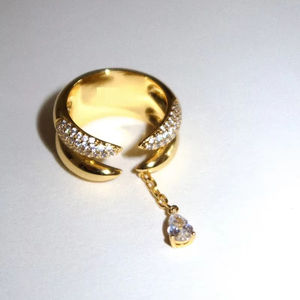 18K verguld modevingersieraden micro-pavé CZ dubbele spike met kwastketting traanvormige CZ open ringen - Product Image 3