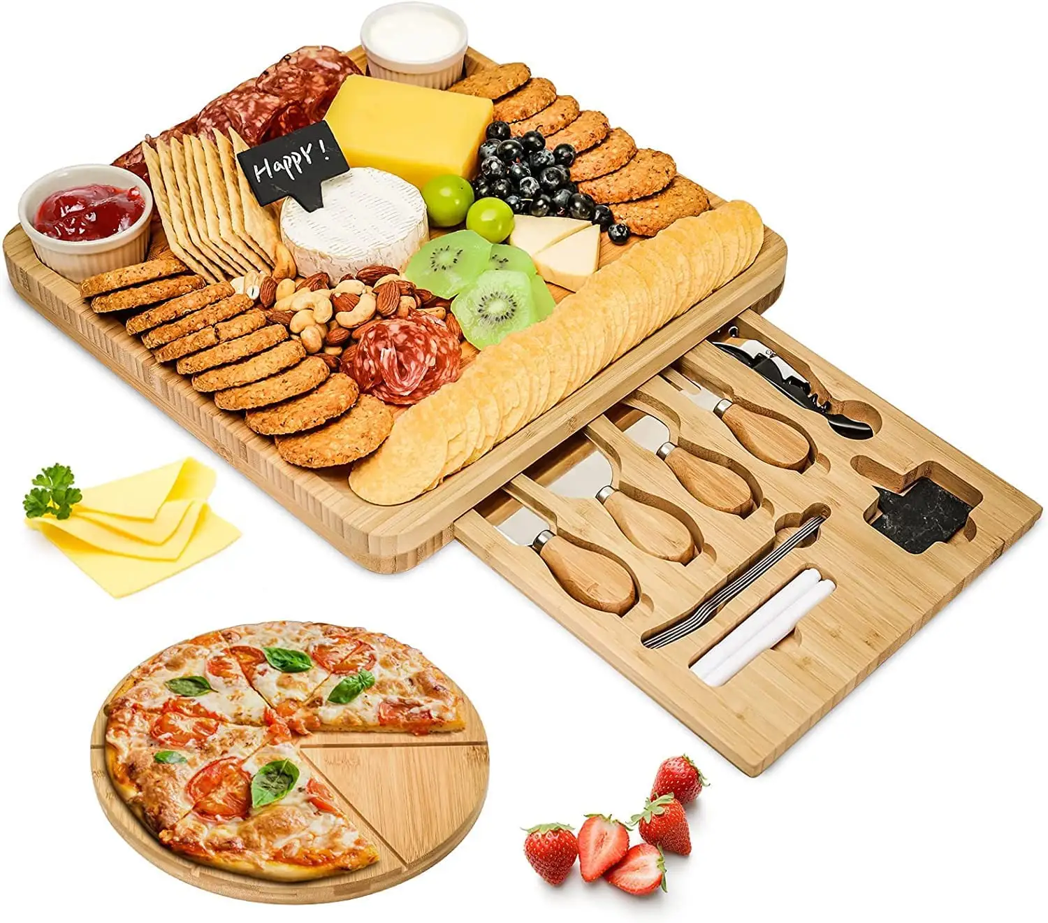 Cheese Board and Knife Set, Bamboo Charcuterie Board 13x13 Cheese Serving Tray with 4 Knives, Drawer and Wine Opener
