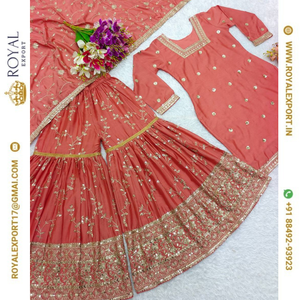 Moda moderna nueva seda pura de Chinon con Secuencia bordada pesada trabajo Sharara conjunto de traje colección con Dupatta - Product Image 6