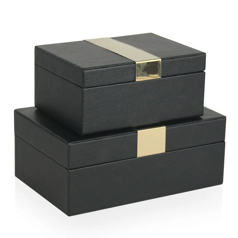 Caixa de jóias decorativa de couro preto, envoltório de metal