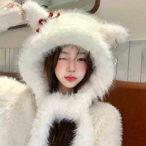 Conjunto de gorro y bufanda de peluche con orejas de zorro, color blanco, beige, caqui, cálido para invierno, para mujer adulta, estilo fresco y dulce, de una pieza. - Product Image 1