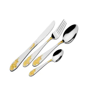 top sellers elegant gold satin Cutlery teaspoon Metal Stainless steel flatware knife fork spoon