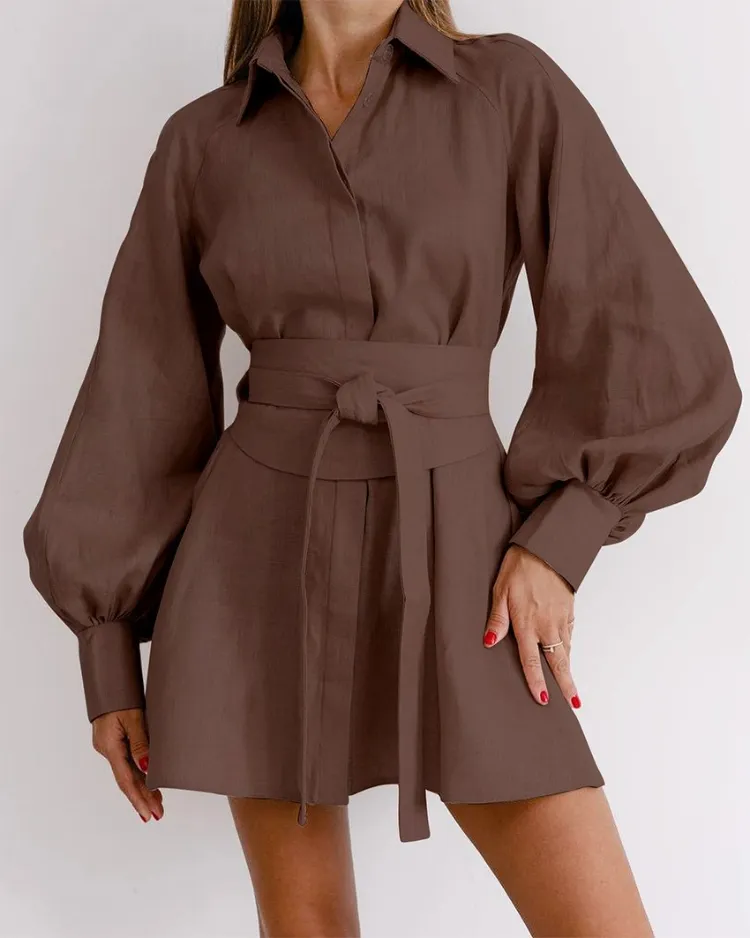 Enyami Fall Office Casual Button Sashes Elegance Mini Shirt Dresses Lapel Women Lantern Sleeve Woven A-line Dress