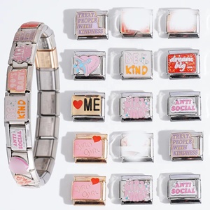 Nuevo Diseño, Charm Italiano de San Valentín en Inglés de 9 mm, Acero Inoxidable Plateado, Corazón Rosa, Pulsera con Charm Italiano - Product Image 1