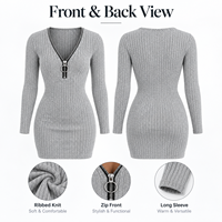 Robe moulante tricotée à manches longues et taille cintrée avec fermeture éclair, style mode personnalisé pour femme, idéale printemps-automne