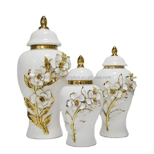 2024 new patent luxury ceramic decorative vase white and gold ginger jar with flowers for home decor