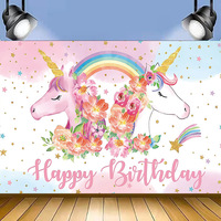 Toile de fond d'anniversaire licorne arc-en-ciel pour fille, bannière de fête licorne avec fleurs aquarelles colorées et paillettes dorées, pour bébé fille de 1 an