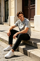T-shirt décontracté à col rond imprimé marbre gris avec logo lettre en strass doré, manches courtes, pour homme, basique quotidien